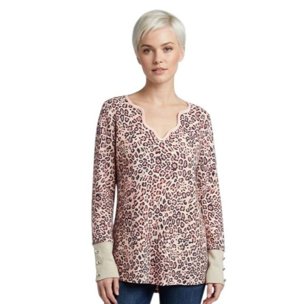 MISSLOOK Womens Top XXL Pink Black cheetah Print V-Neck Pullover Long Slv knit